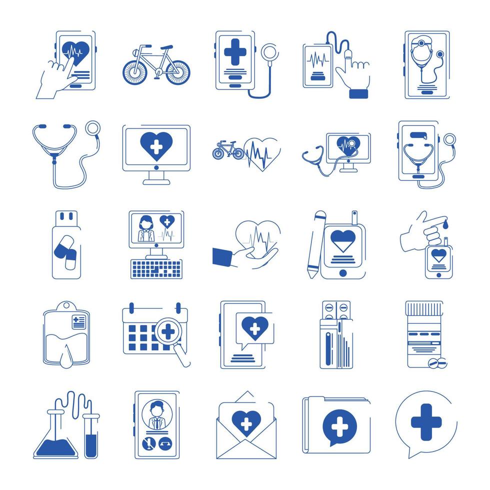 online doctor health medicine care blue line style icons set vector