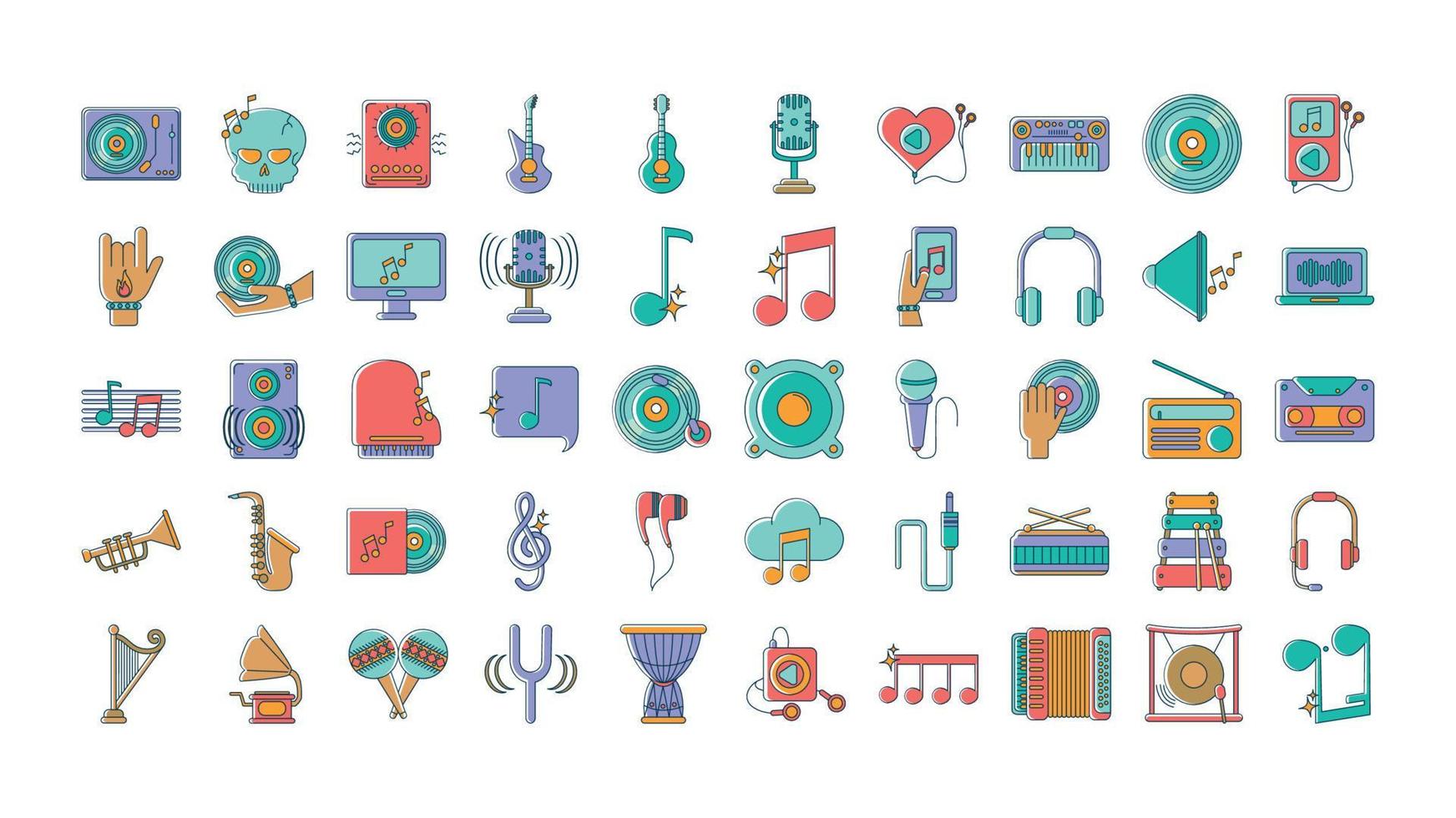 music melody sound audio icons set line and fill style vector