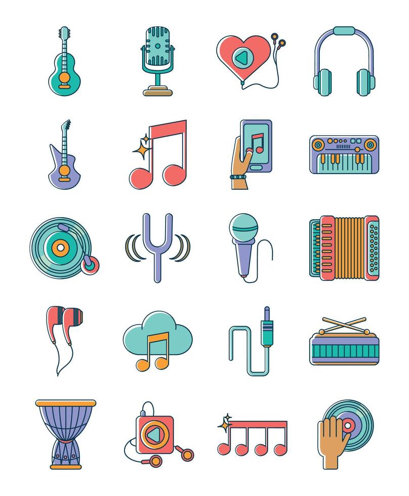 music melody sound audio icons set line and fill style vector