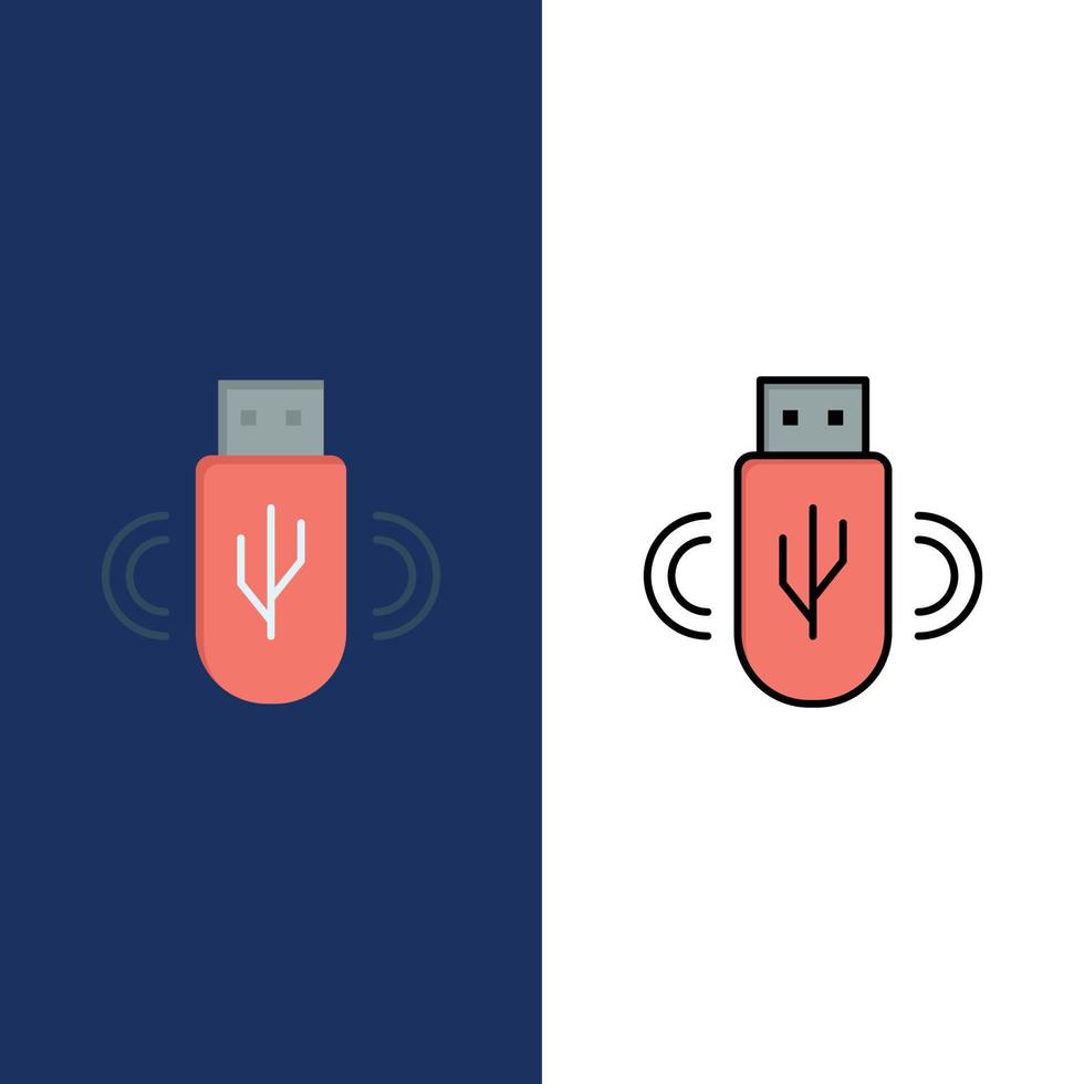 iconos de almacenamiento de datos compartidos usb conjunto de iconos planos y rellenos de línea vector fondo azul