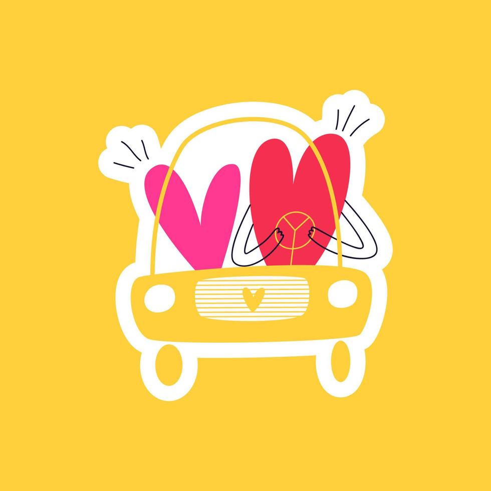 Drawn sticker doodle hearts in the car. A couple in love sits at the wheel of a car on a yellow background. Valentine's day cartoon sticker vector illustration.