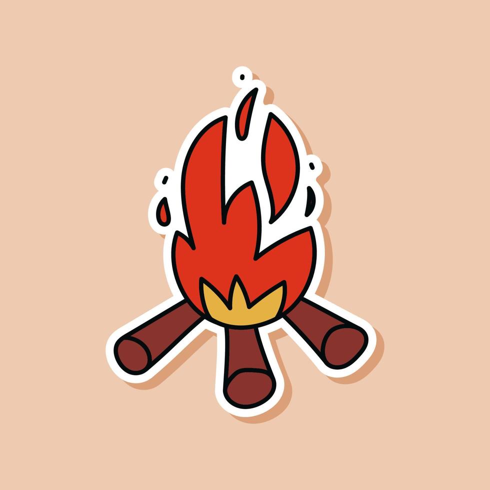 Drawn sticker of red campfire doodle. Isolated sticker of camping flame on logs. Wildlife illustration vector. vector