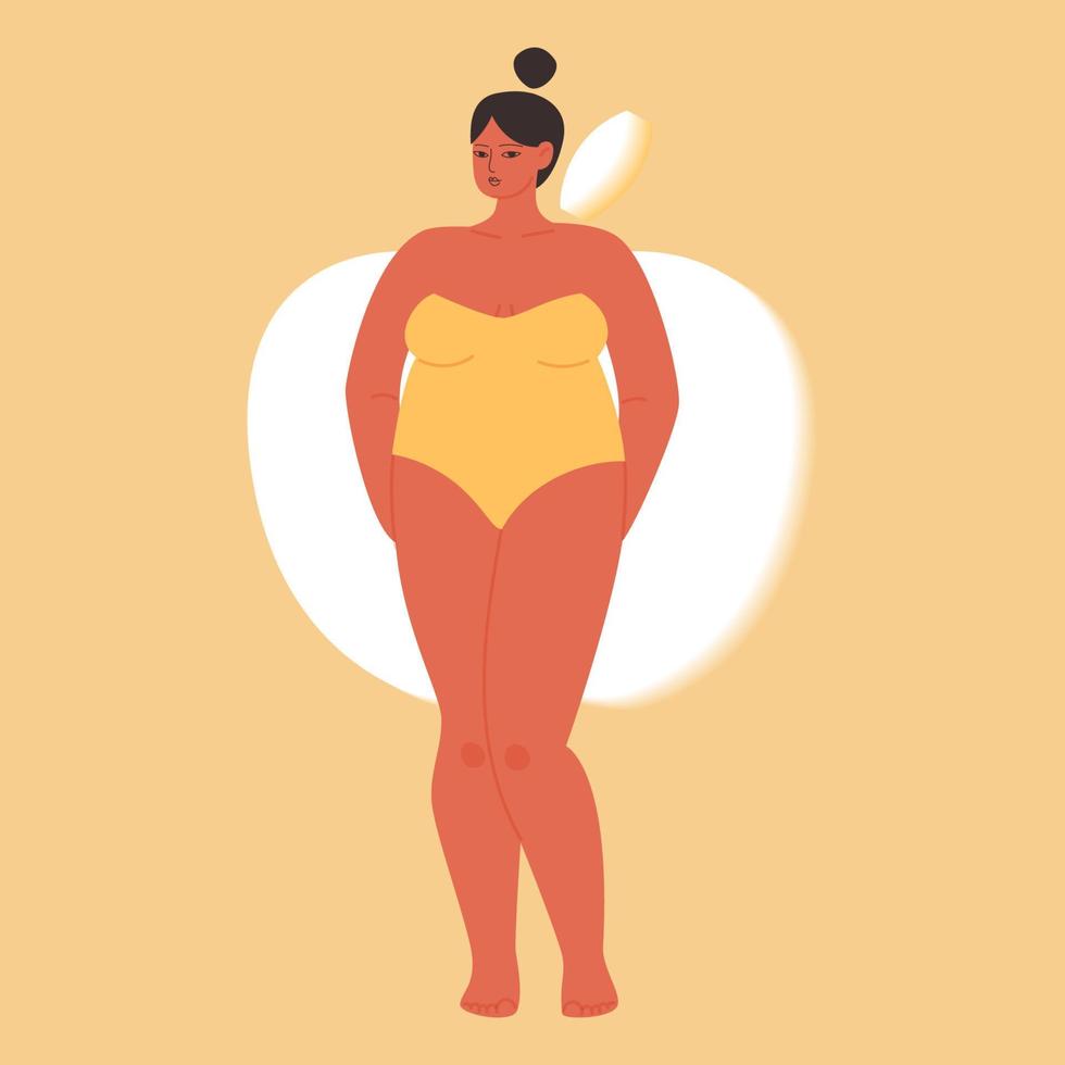 una figura femenina del tipo manzana. chica gordita de dibujos animados en un traje de baño amarillo sin tirantes. ilustración vectorial de una mujer con hombros anchos aislados. vector