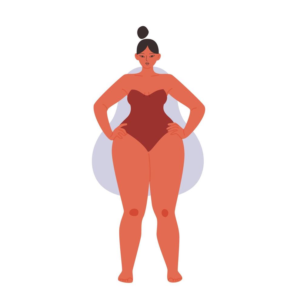 Female pear shape type. Cartoon chubby girl in a strapless swimsuit. Vector stock illustration of a woman with broad shoulders isolated on white background.