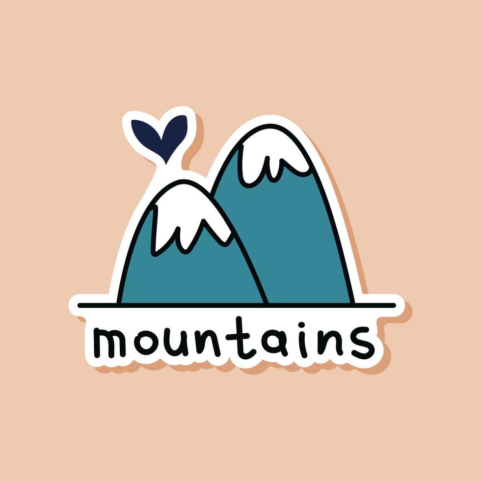 Drawn sticker of doodle mountains with a heart. Isolated sticker of snow-capped mountains with text. Wildlife vector illustration.