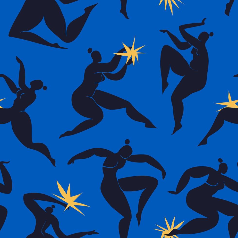 Seamless pattern inspired by Matisse with dancing abstract women. Black on blue background vector illustration. Dance of various women.