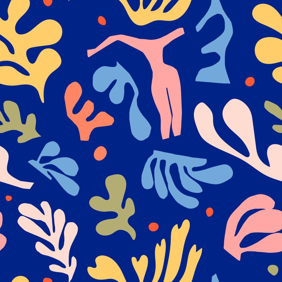 Abstract seamless pattern with cut out shapes. Color pattern inspired by Matisse on a blue background. Trend vector illustration with fictional algae.
