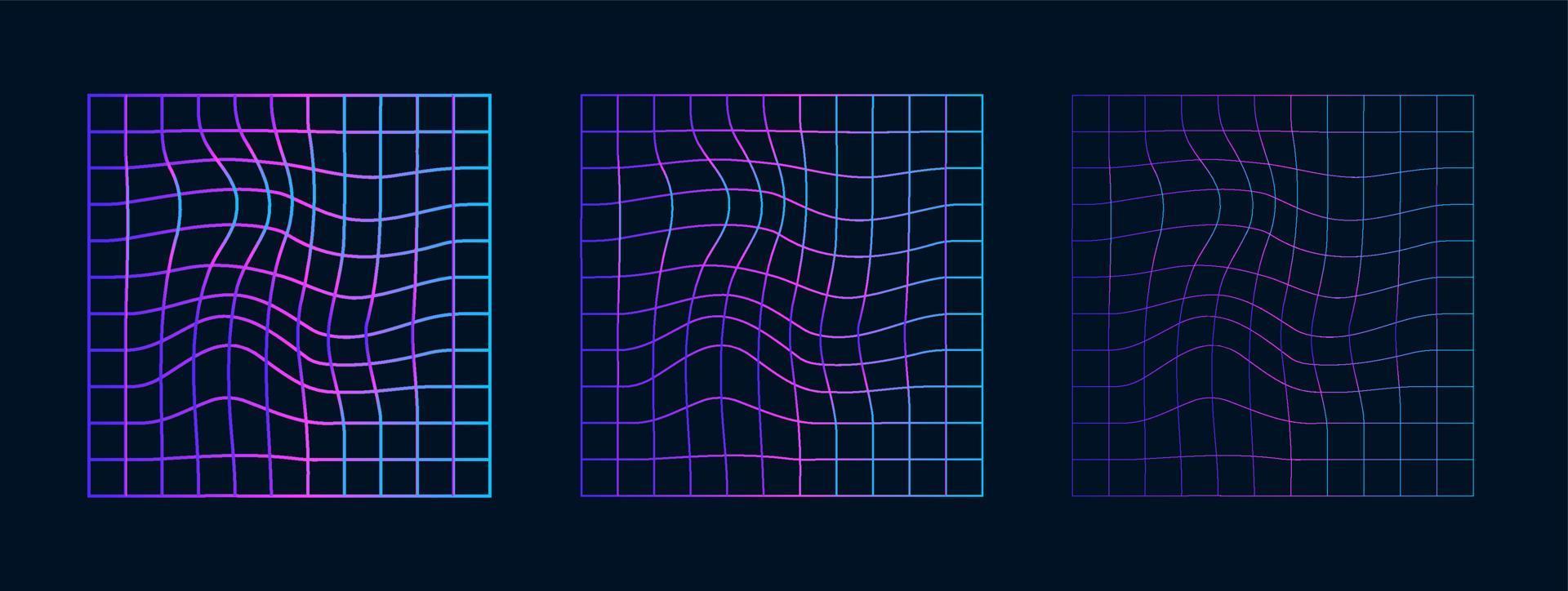 un conjunto de rejillas holográficas cuadradas distorsionadas de diferentes grosores. deformaciones abstractas deformadas. ilustración vectorial del gradiente ondulado cibernético en las células. vector