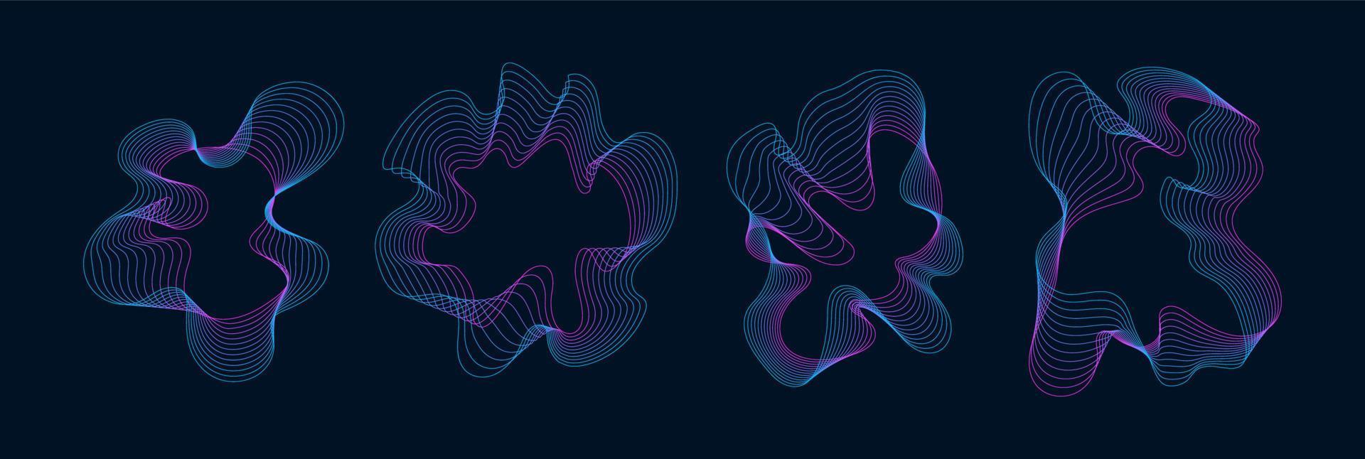 A set of wavy transition lines from blue to pink. Isolated frames or twisted holes. Vector illustration of graphic trendy elements.