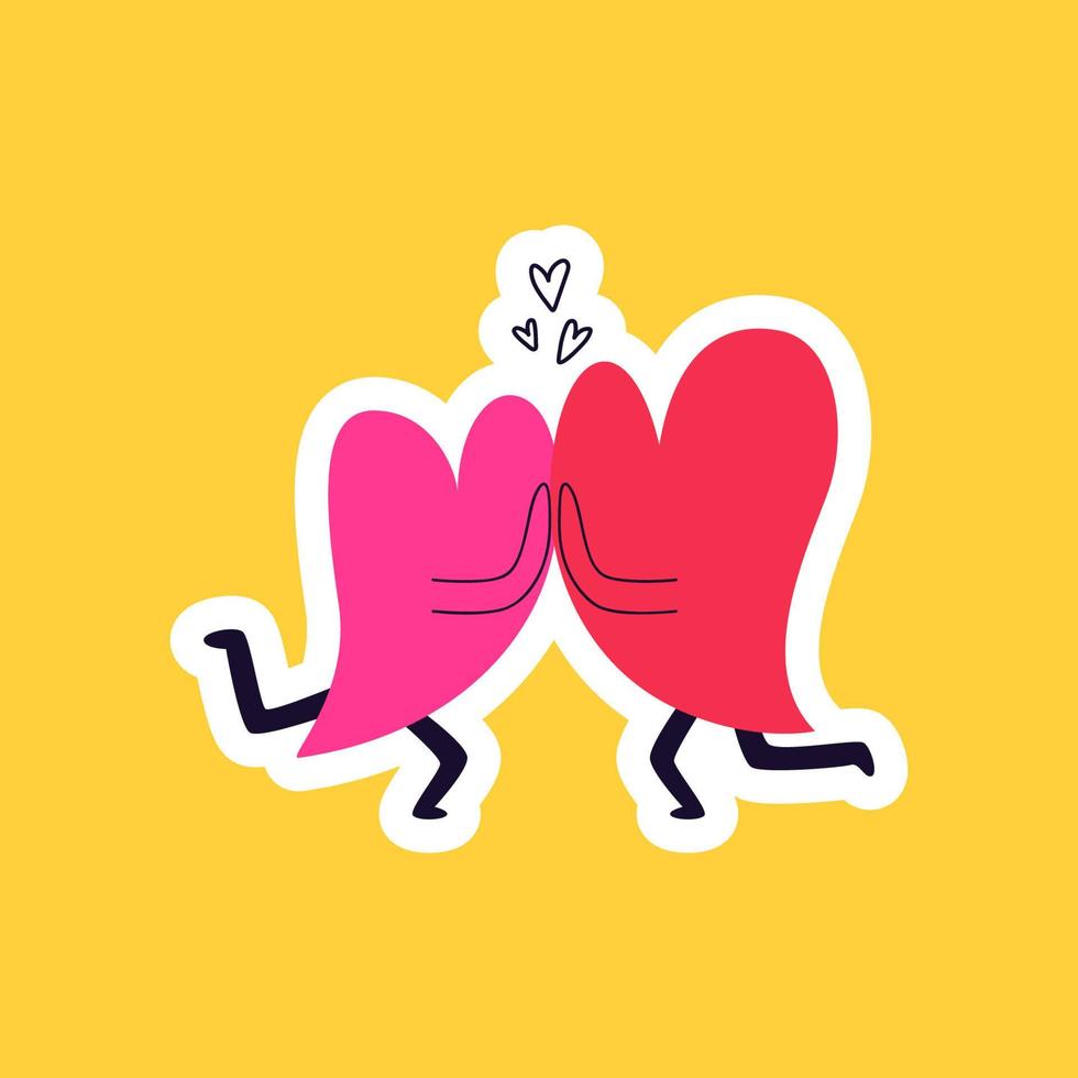 Drawn sticker doodle hearts. Lovers on a yellow background. Hearts in love run to meet and hug. Valentine's day cartoon sticker vector illustration.
