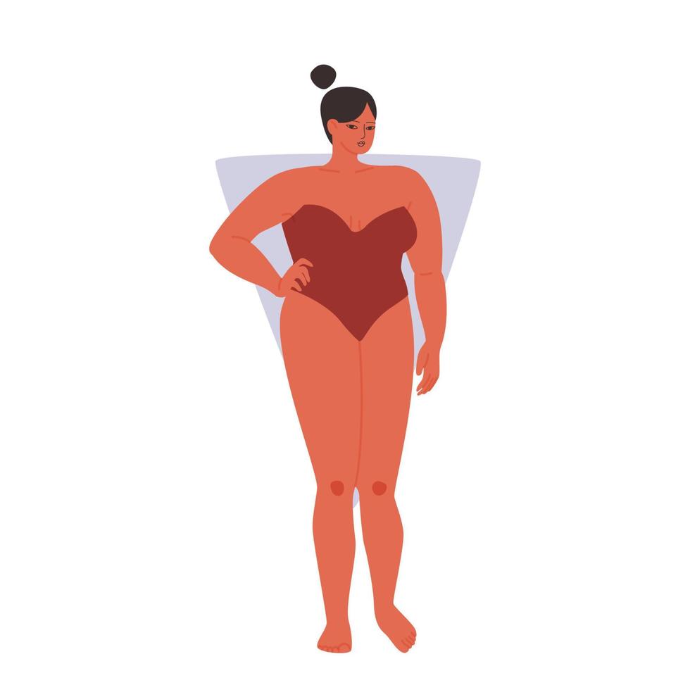 tipo de forma de triángulo femenino. chica gordita de dibujos animados en un traje de baño sin tirantes. ilustración vectorial de una mujer con hombros anchos aislada en fondo blanco. vector