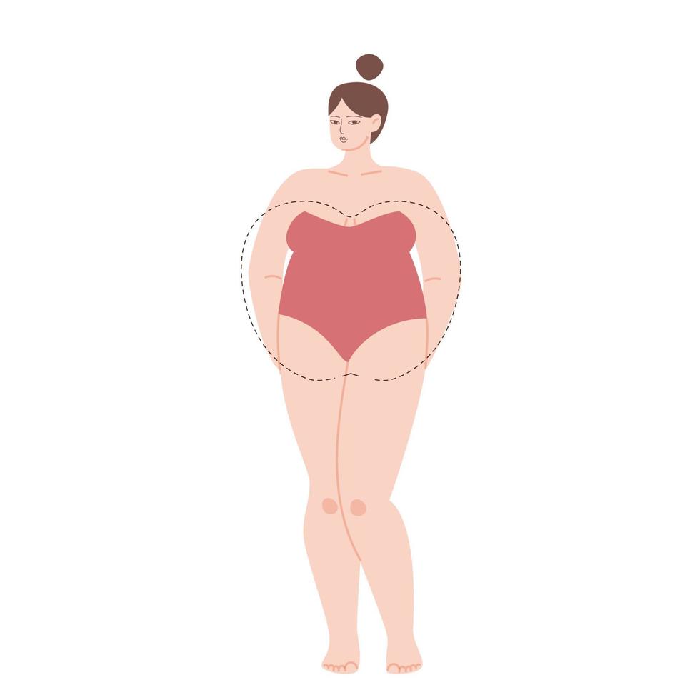 The female body is an apple type. Cartoon light skinned chubby girl in a strapless swimsuit. Vector stock illustration of a woman with broad shoulders isolated on white background.