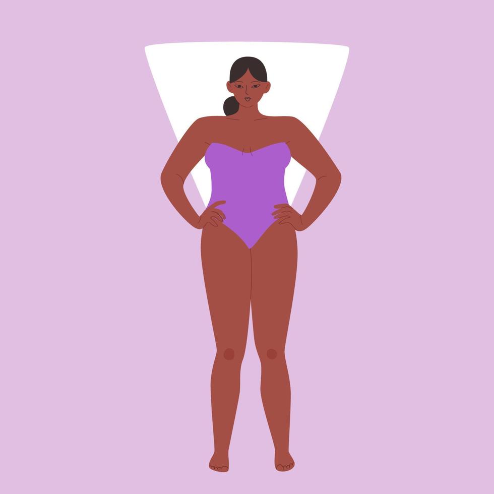 el tipo de forma es triángulo. chica gordita de dibujos animados con un traje de baño morado sin tirantes. ilustración vectorial de una mujer con hombros anchos aislados. vector