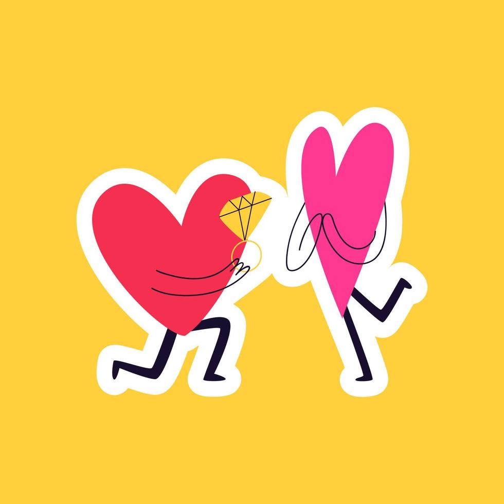 Drawn sticker doodle hearts make a marriage proposal. Engagement of lovers with a large diamond on a yellow background. Valentine's day cartoon sticker vector illustration.