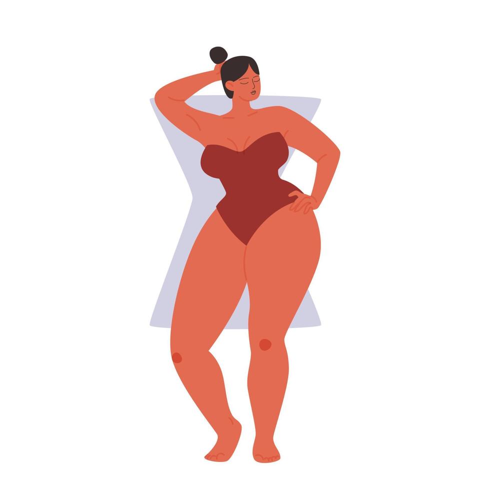 tipo de forma de reloj de arena femenino. chica gordita de dibujos animados en un traje de baño sin tirantes. ilustración vectorial de una mujer con hombros anchos aislada en fondo blanco. vector