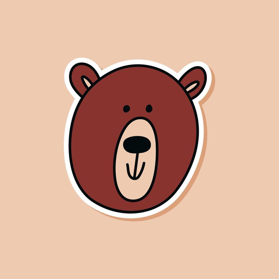 Drawn sticker of cute bear doodle. Wild beast head sticker isolated. Vector illustration of animal nature.