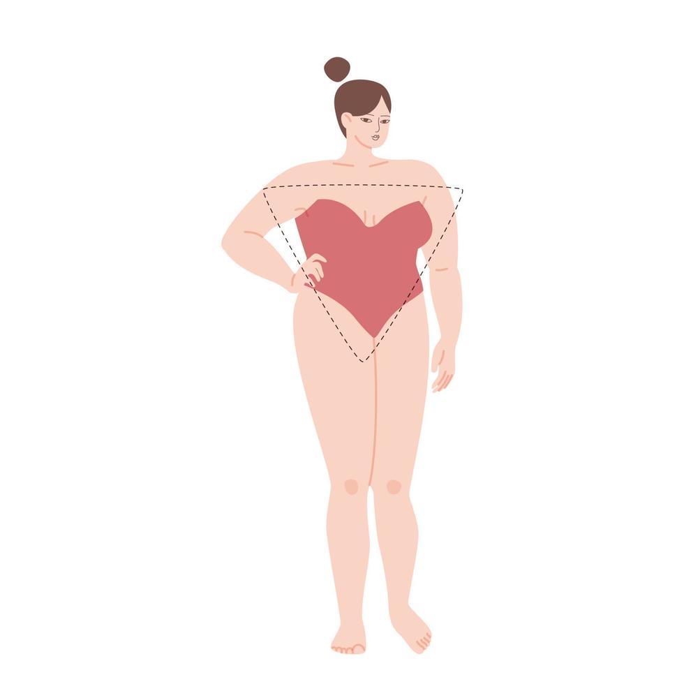 The female body is a triangle type. Cartoon light skinned chubby girl in a strapless swimsuit. Vector stock illustration of a woman with broad shoulders isolated on white background.