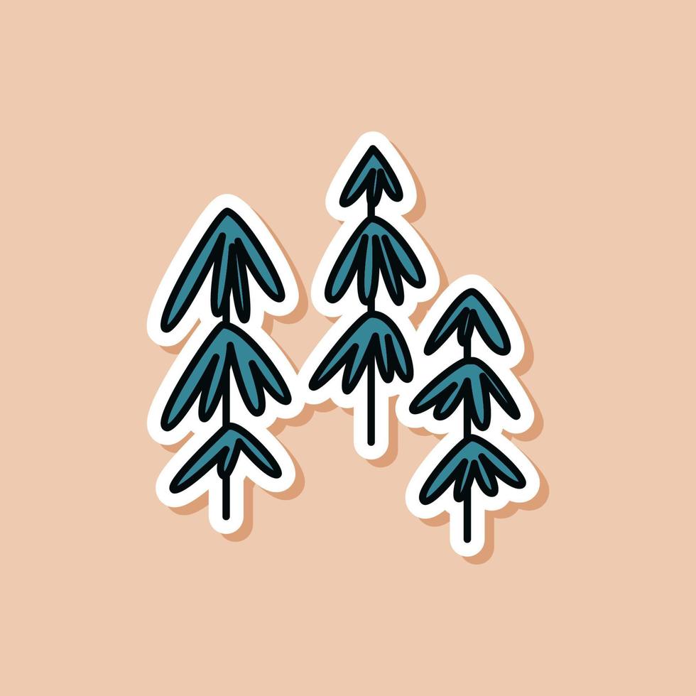Drawn sticker of green Christmas trees doodle. Isolated sticker of cartoon forest. Vector illustration of a plant.