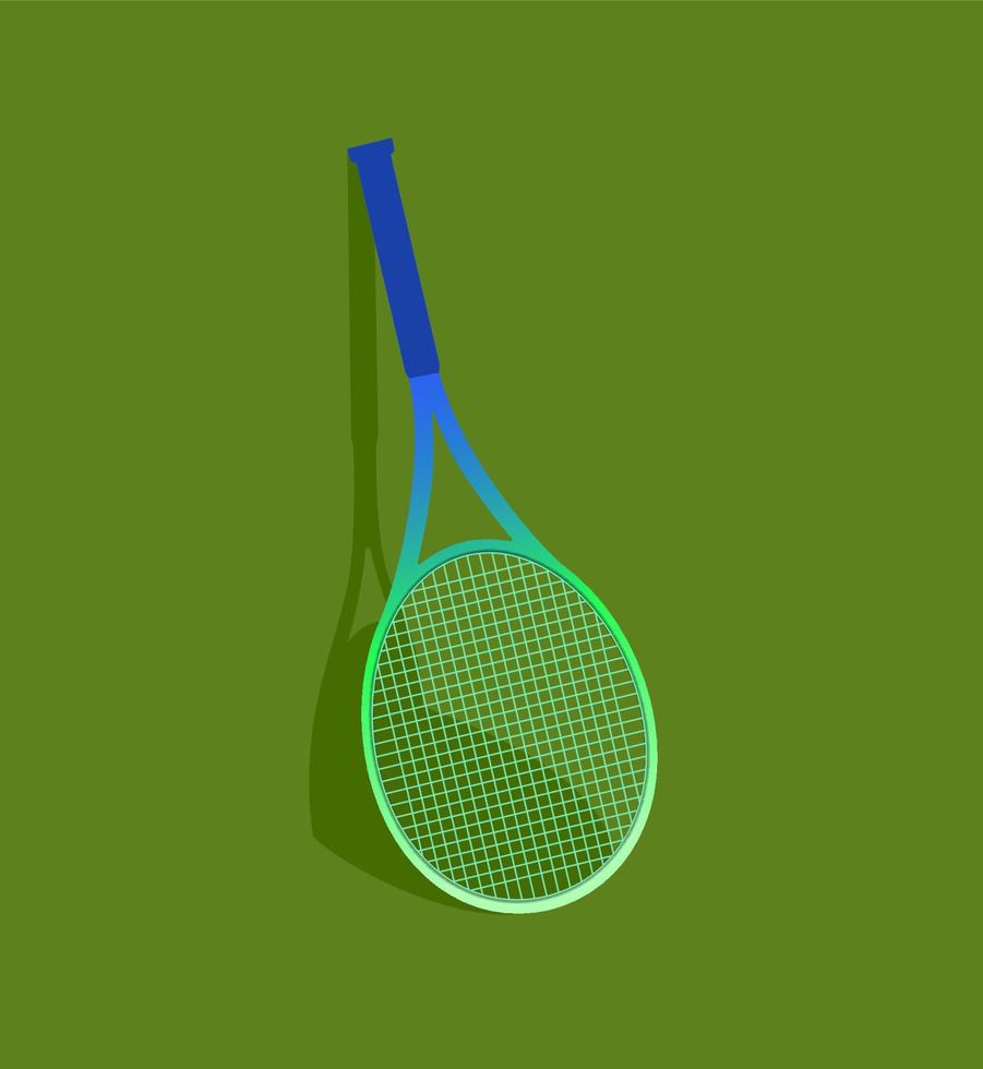 Colored tennis racket on a green background. Vector illustration of a sports racket with shadow. An isolated object with a grid and a handle.