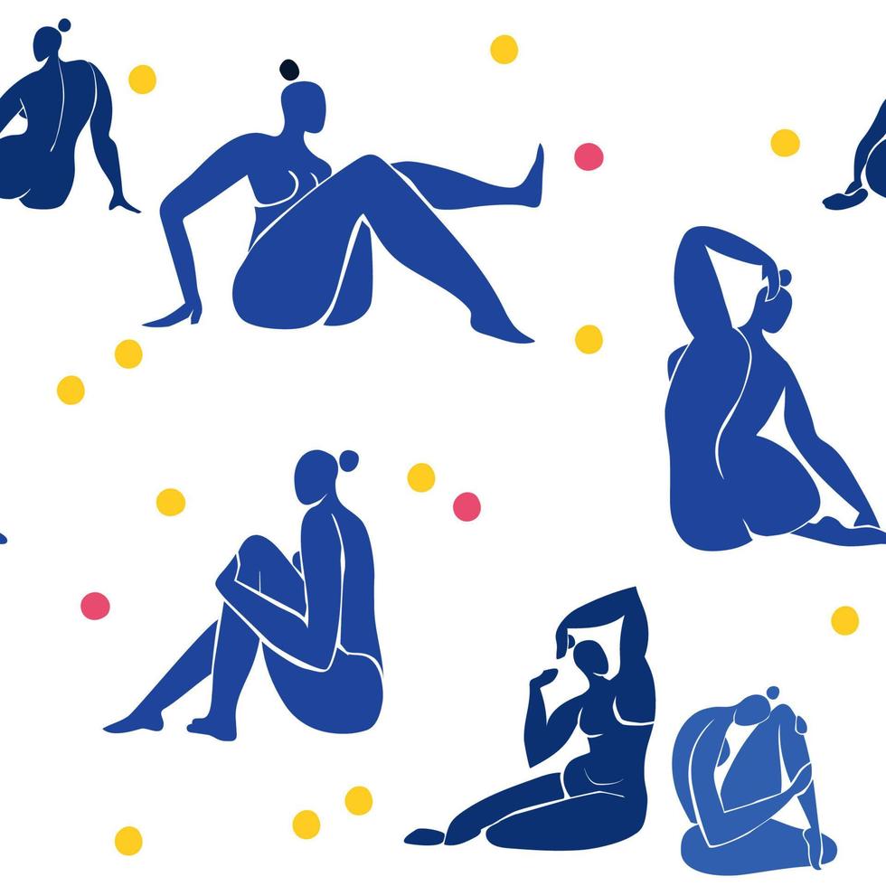 Seamless pattern with abstract silhouettes of women inspired by Matisse. Female figures cut out of paper. Colored vector illustration on a white background.