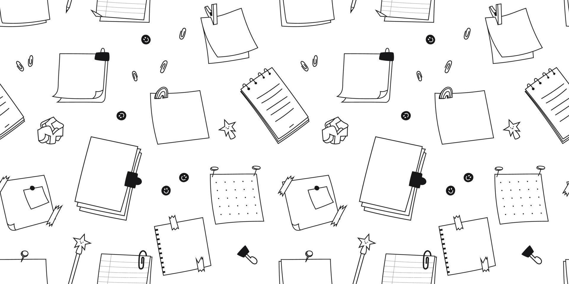 Horizontal seamless pattern of hand drawn doodle notepads, square sheets. Sketch paper clips, pins, paper torn from a notebook. Vector illustration of a pattern of school supplies on a white.