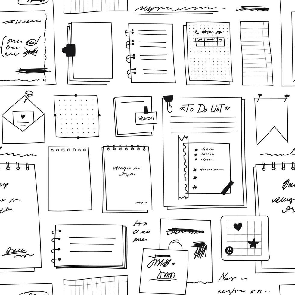 Seamless pattern of hand drawn paper notes on assorted paper. Sketch paper sheets of different sizes, paper torn from a notebook. Vector illustration of a pattern of educational supplies on a white.