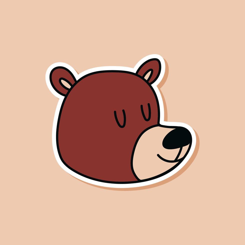 Drawn sticker doodle of a bear with closed eyes. Isolated sticker of cute wild animal head. Vector illustration of animal nature.