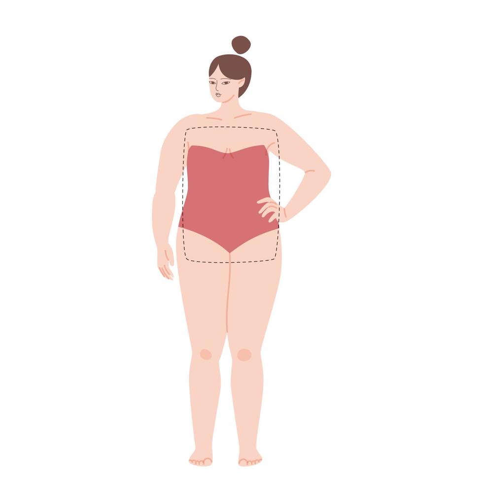 Female body type rectangle. Cartoon light skinned chubby girl in a strapless swimsuit. Vector stock illustration of a woman with broad shoulders isolated on white background.