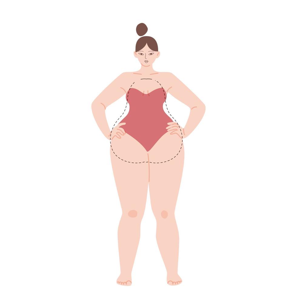 The female body is a pear type. Cartoon light skinned chubby girl in a strapless swimsuit. Vector stock illustration of a woman with broad shoulders isolated on white background.