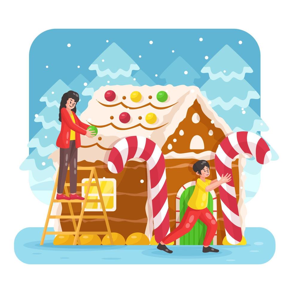 Decorating Gingerbread House on Winter vector