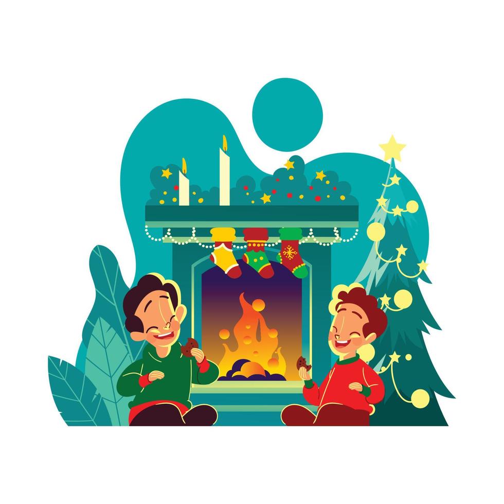 Happy Night with Best Friend Around Fireplace vector