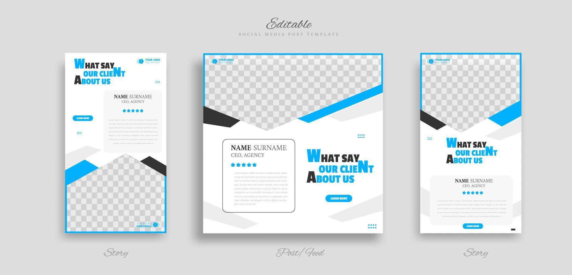 set of modern and creative client testimonial social media post and story design. customer service feedback review social media post or web banner vector template.