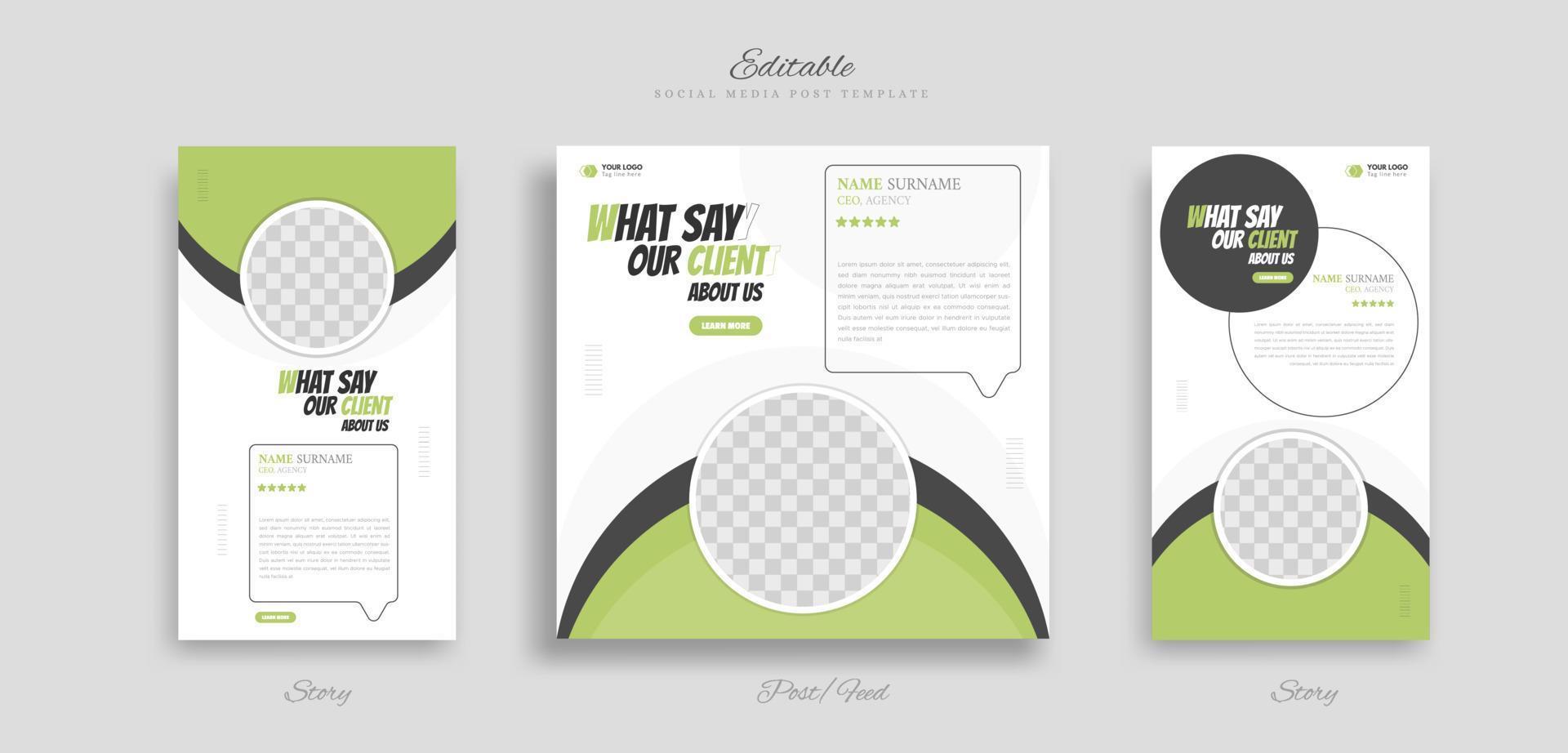 set of modern and creative client testimonial social media post and story design. customer service feedback review social media post or web banner vector template.