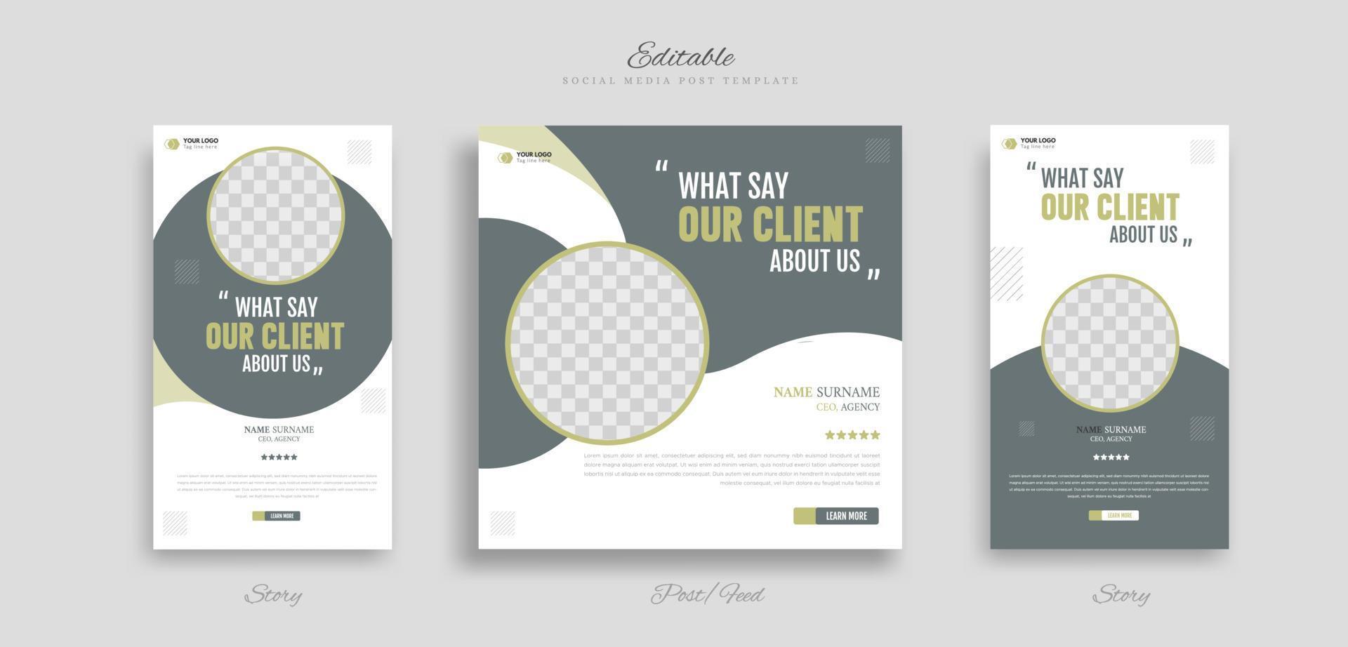 set of modern and creative client testimonial social media post and story design. customer service feedback review social media post or web banner vector template.