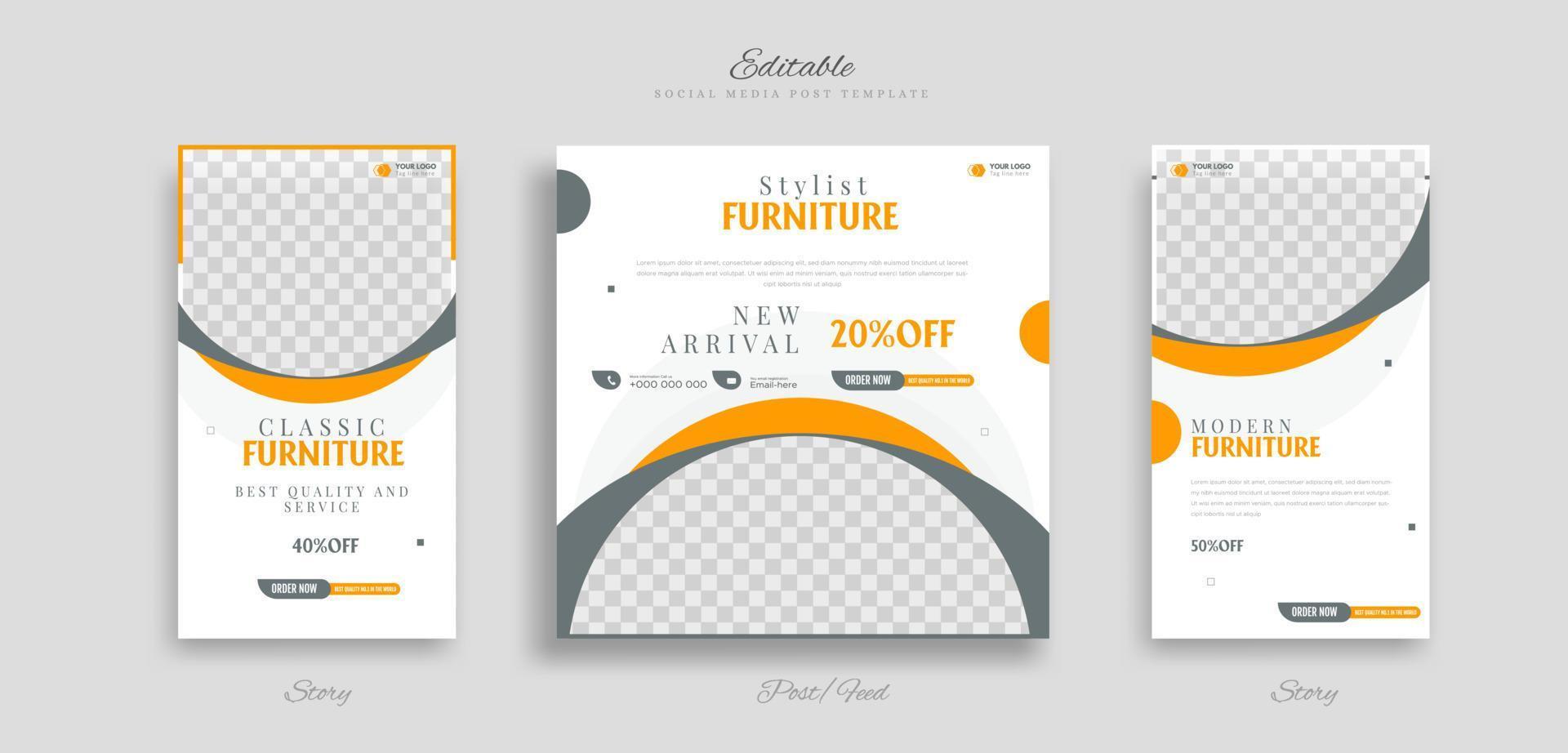 set of editable Furniture social media post and story web banner template design with yellow, black and white background vector