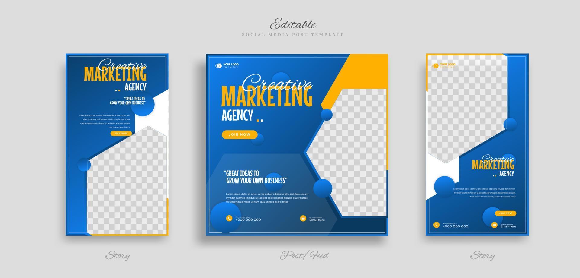 establecer una idea de negocio creativa publicación en redes sociales y una plantilla de historia con fondo de color azul, blanco y negro vector