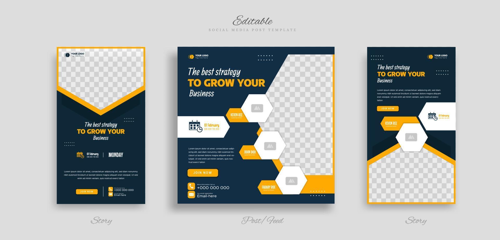 Set webinar business social media post and story template with yellow blue and white color background for ads promotions vector