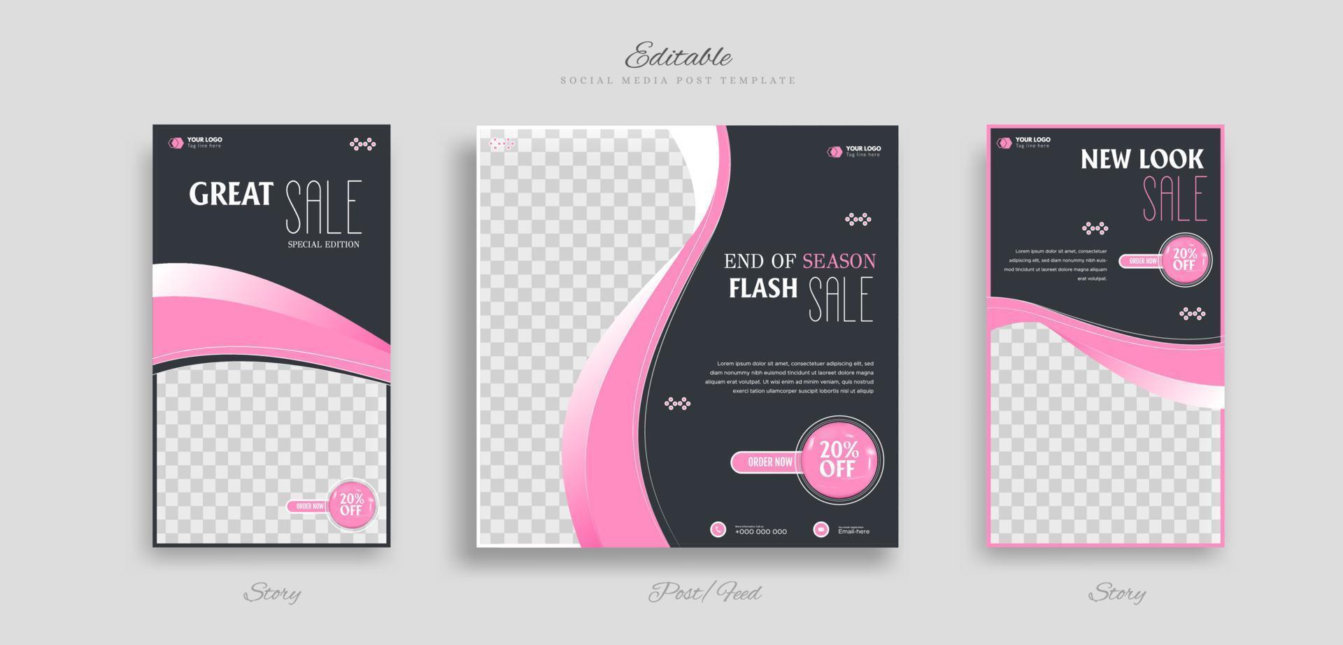 conjunto de publicación de redes sociales de venta de moda y plantilla de banner web de historia. con ilustración de vector de fondo rosa, blanco y negro