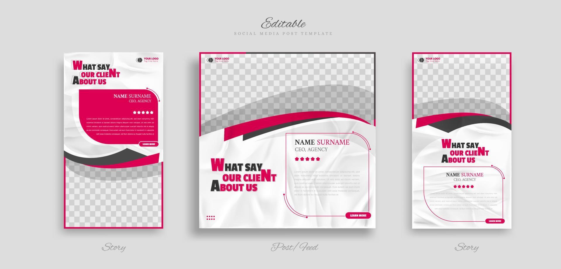 set of modern and creative client testimonial social media post and story design. customer service feedback review social media post or web banner vector template.