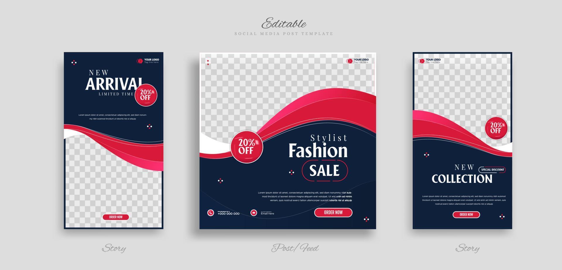 conjunto de publicación de redes sociales de venta de moda y plantilla de banner web de historia. con ilustración de vector de fondo rojo, blanco y negro