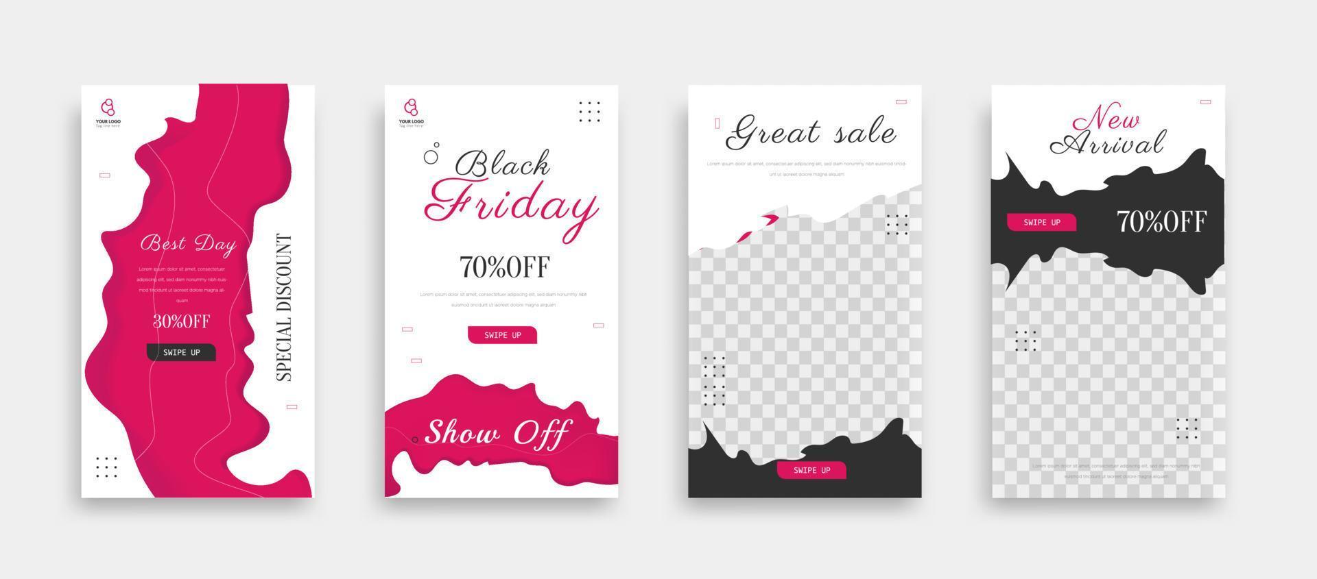 story set of social media post template with white and red color background vector