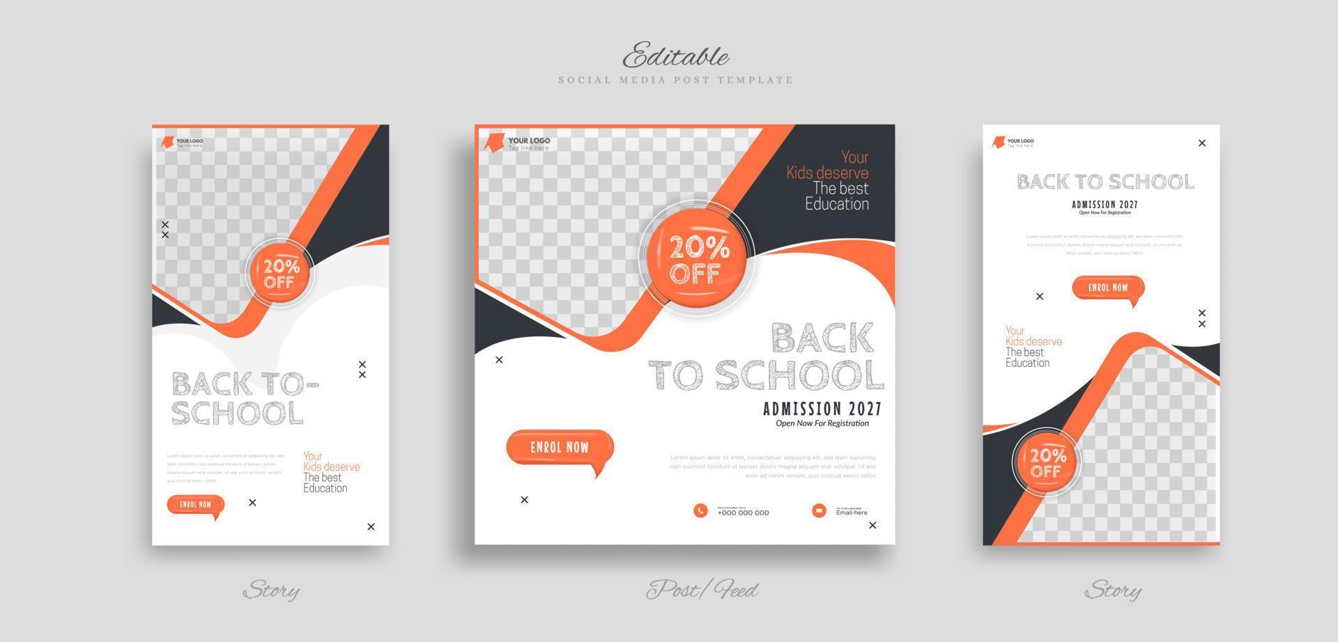 set of School education admission social media post and story web banner template. with orange black and white background vector. vector