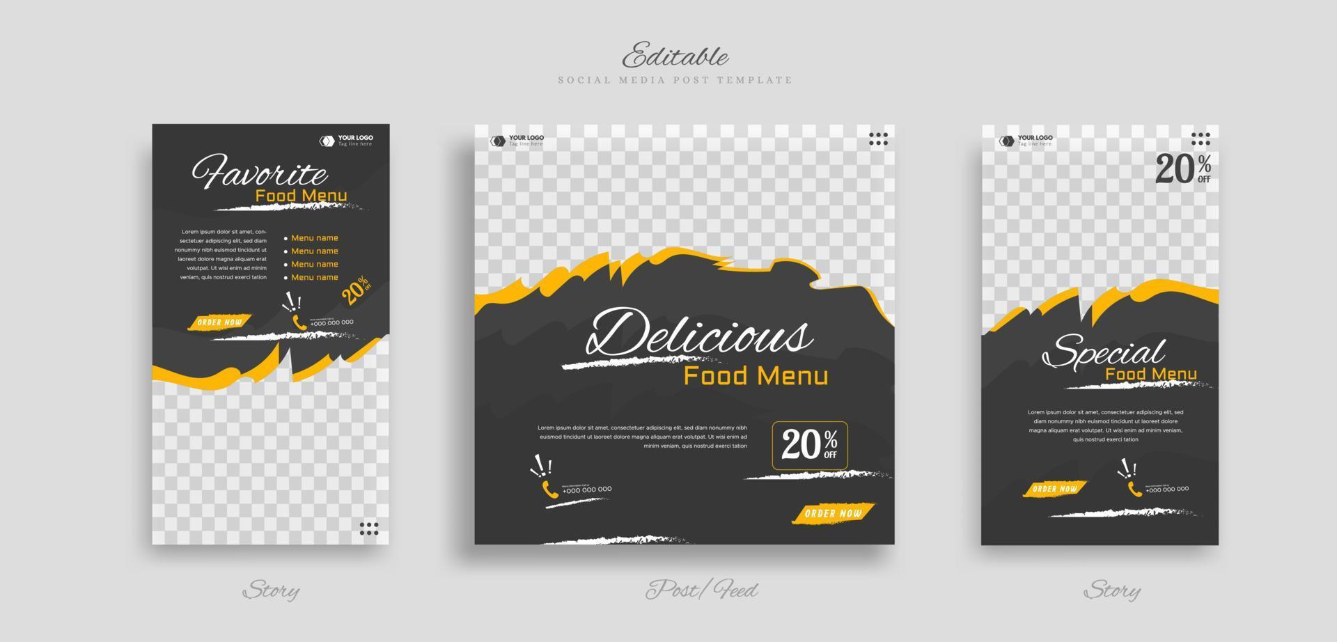 contenido de menú de promoción de restaurante delicioso de comida original especial para plantilla de banner de publicación de redes sociales. vector