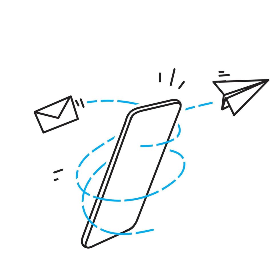 teléfono inteligente de garabato dibujado a mano con avión de papel volador e ilustración de sobre vector