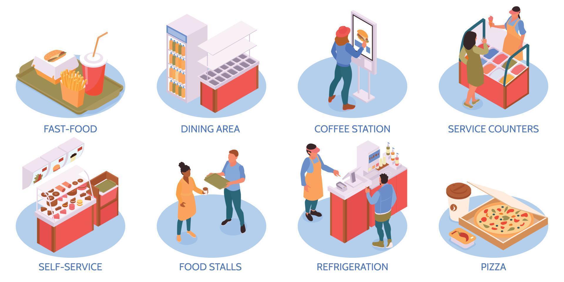 Food Court Isometric Compositions Set vector