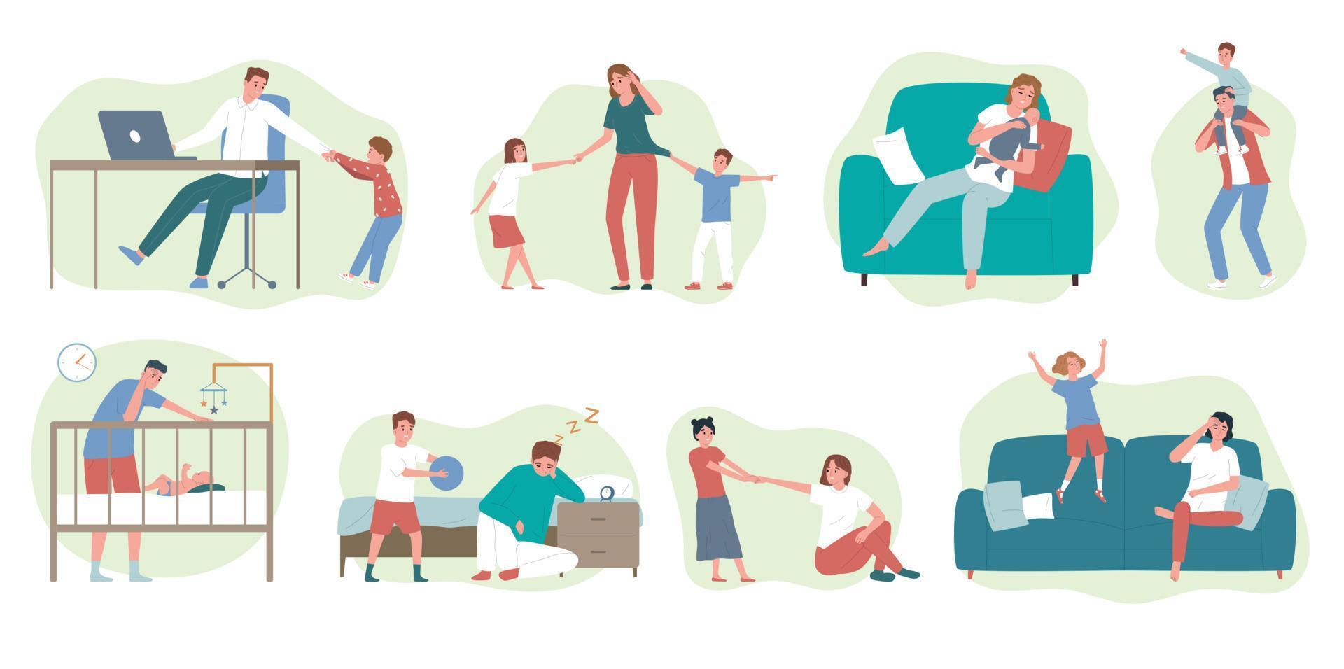 Tired Parents Flat Set vector