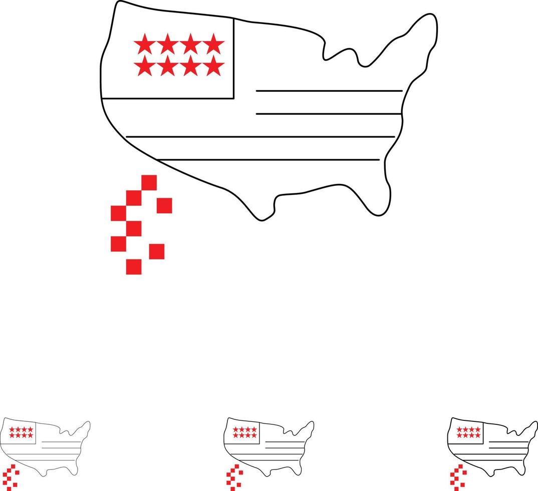 mapa americano acción de gracias estados unidos audaz y delgada línea negra conjunto de iconos vector