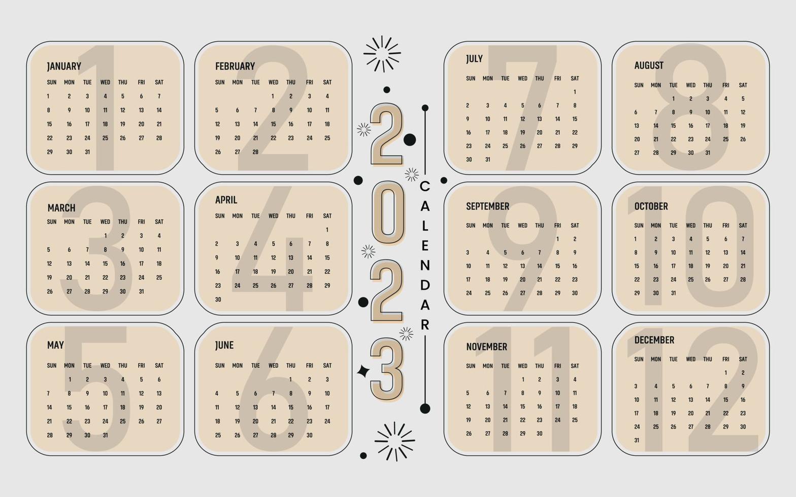 2023 Calendar year vector illustration. The week starts on Sunday Color Pro Vector