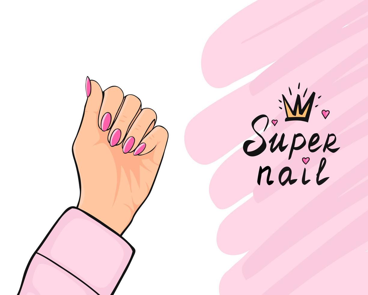 hermosas manos de mujer con elegante manicura de esmalte de uñas. súper uñas. ilustración para fondos y embalaje. la imagen se puede utilizar para tarjetas de felicitación, carteles. aislado sobre fondo blanco. vector