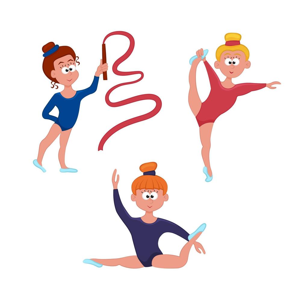Young girls doing gymnastics. Vector characters. Gymnast with a ribbon doing twine and stretching.